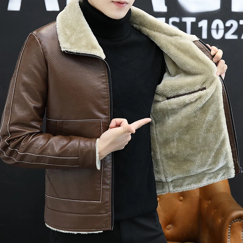 

Autumn Winter New Middle Aged and Elderly Leather Jacket Men's Plush Thickened Fur Collar Leather Jacket Casual Large PU Jackets