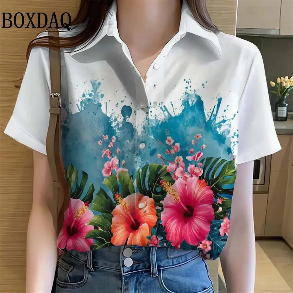 

Womens Shirts Hawaiian Tropical plant leaves 3D Printed Tops Casual Short Sleeve Button Beach Shirt Summer y2k Women's Clothes