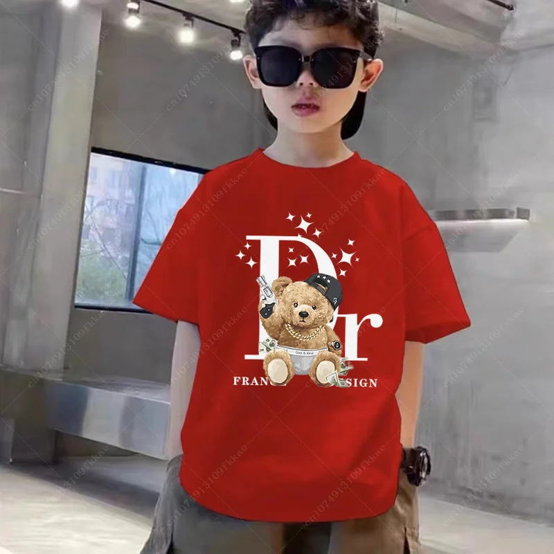 3-14 Years Old Boys Girls 2024 Summer T-shirts High Quality Cotton Brand Kids Tshirts Fashion Baby Tops Tee Designer Bear Print