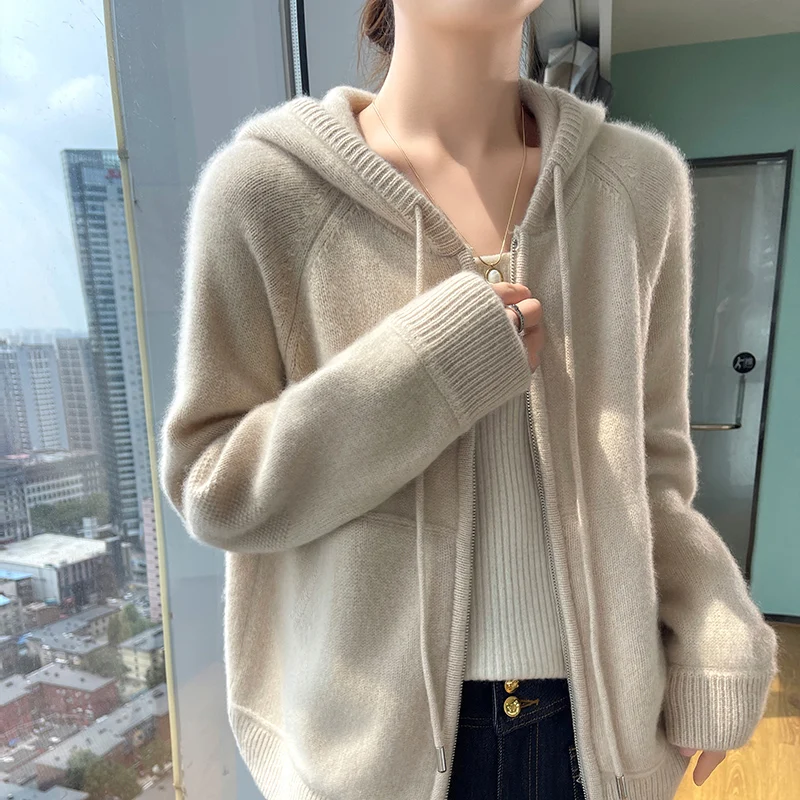 Cashmere Sweater Autumn Winter 100% Pure Wool Sweater Women\'s Hooded Collar Knitted Cardigan Fashion Korean Larg Size Thick Coat