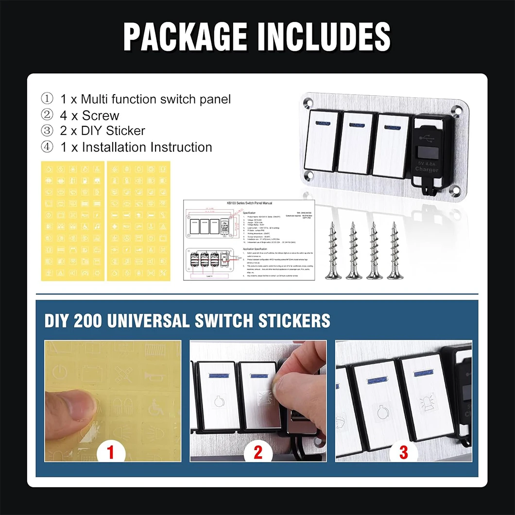 4 عصابة الألومنيوم لوحة التبديل الروك مع 4.8 أمبير شاحن USB مزدوج تيار مستمر الروك التبديل للسيارات قوارب RVs الفضة