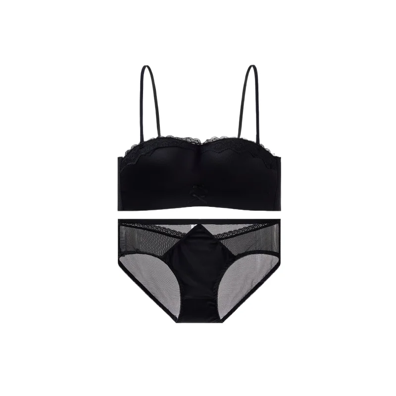 Delicate Lace Bandeau Lingerie Set, Thin Shoulder Straps, Bust Push Up Lifting, Side Contour Anti Sagging Anti Outward Support