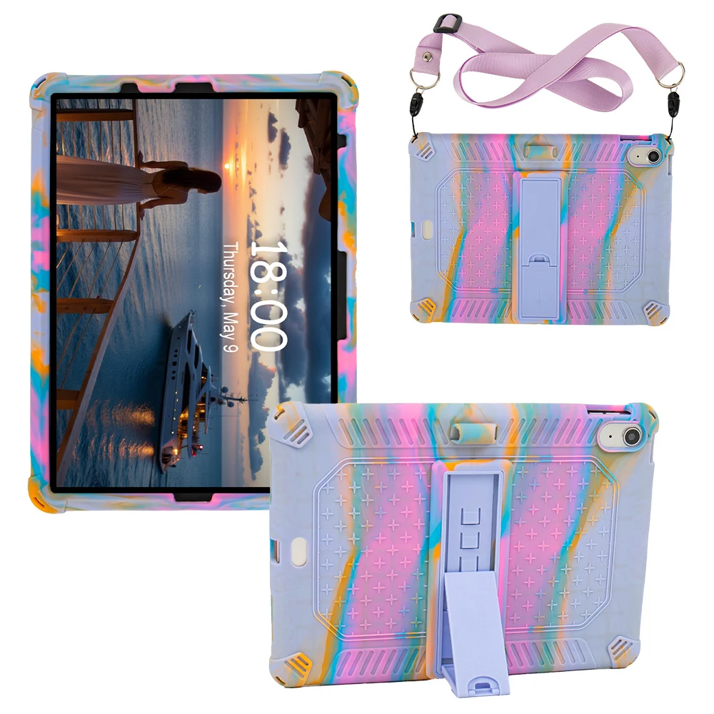 

For iPad (2025) / 10.9 (2022) Case PC Kickstand Silicone Tablet Cover with Shoulder Strap - Colorful Purple