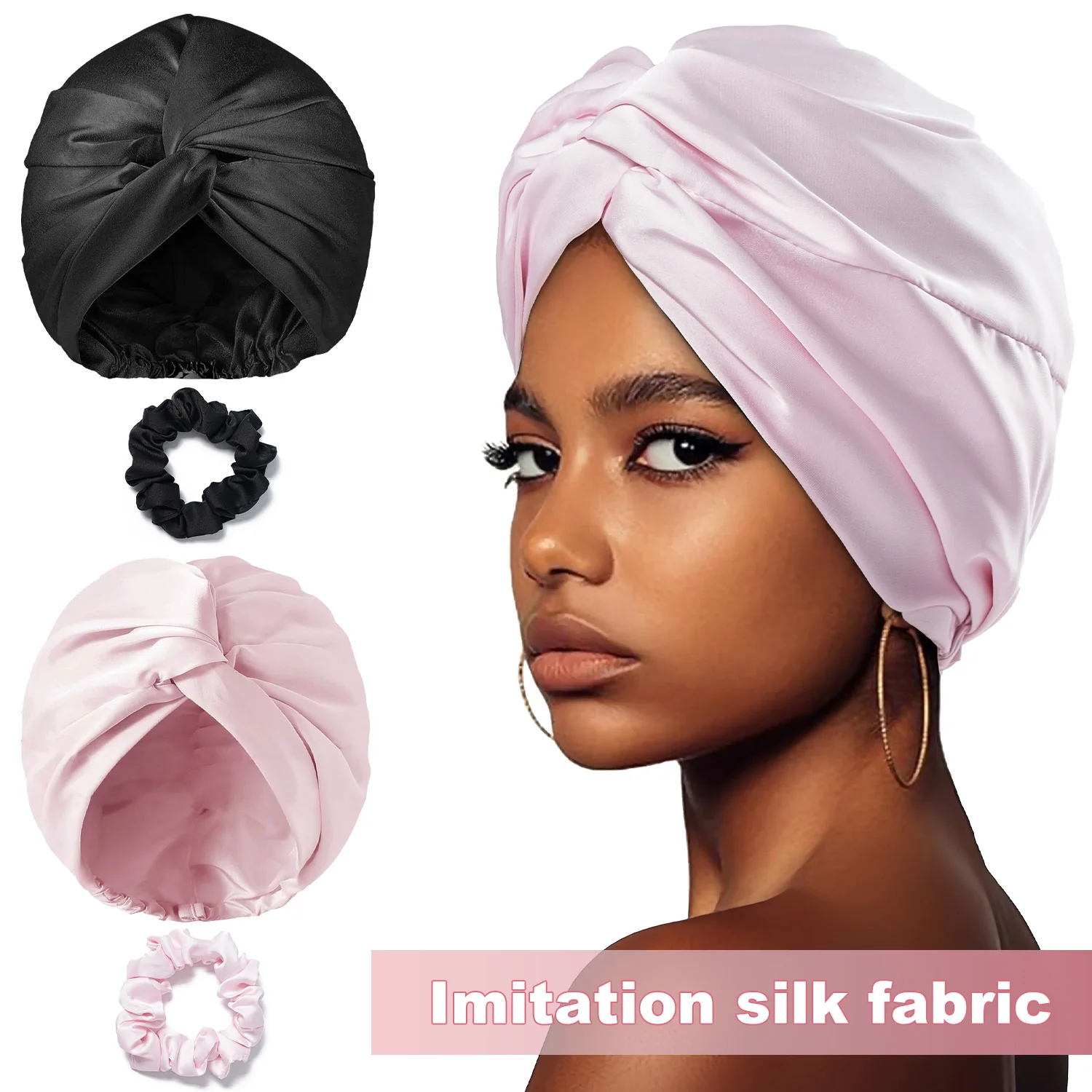 

Women's Satin Imitation Silk Turban Hat Soft Stretch Double Layer silky Night Sleeping Cap Bonnet Chemo Hat Scrunchies 2PCS