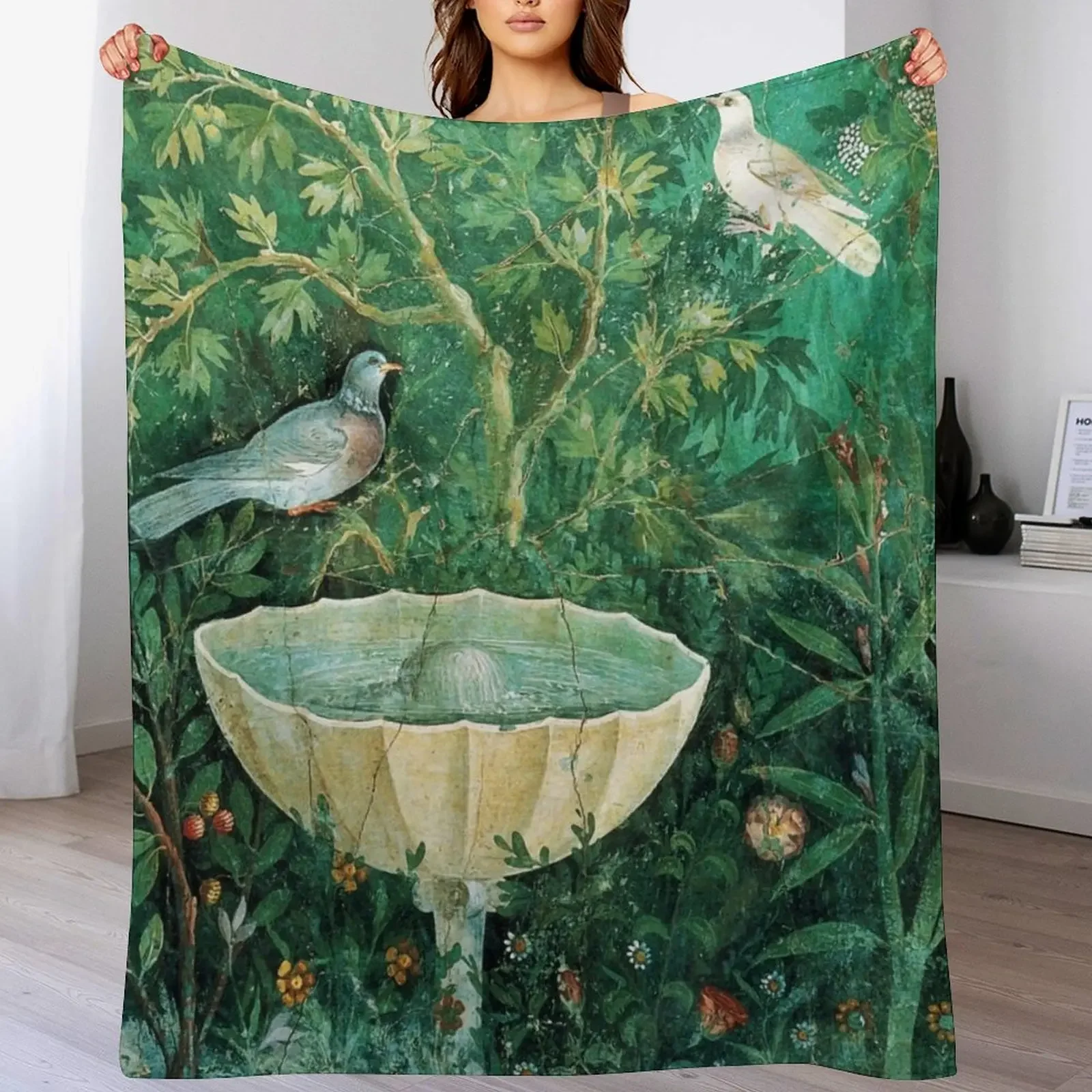 

POMPEII COLLECTION,LITTLE BIRDS,DOVES AND FOUNTAININ GARDEN ,GREEN FLORAL Throw Blanket Bed covers christmas decoration Blankets