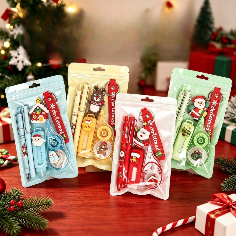 5Pcs/Bag Christmas Stationery Set Keychain Pencil Gel Pen Correction Tape Eraser Cute Santa Reindeer Xmas Gifts School Supplies​