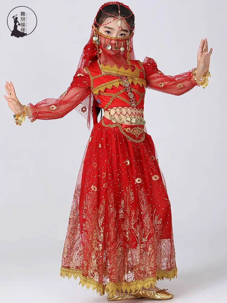 Nuevo traje de actuación infantil danza india princesa jazmín traje de manga larga danza étnica ropa de estilo exótico