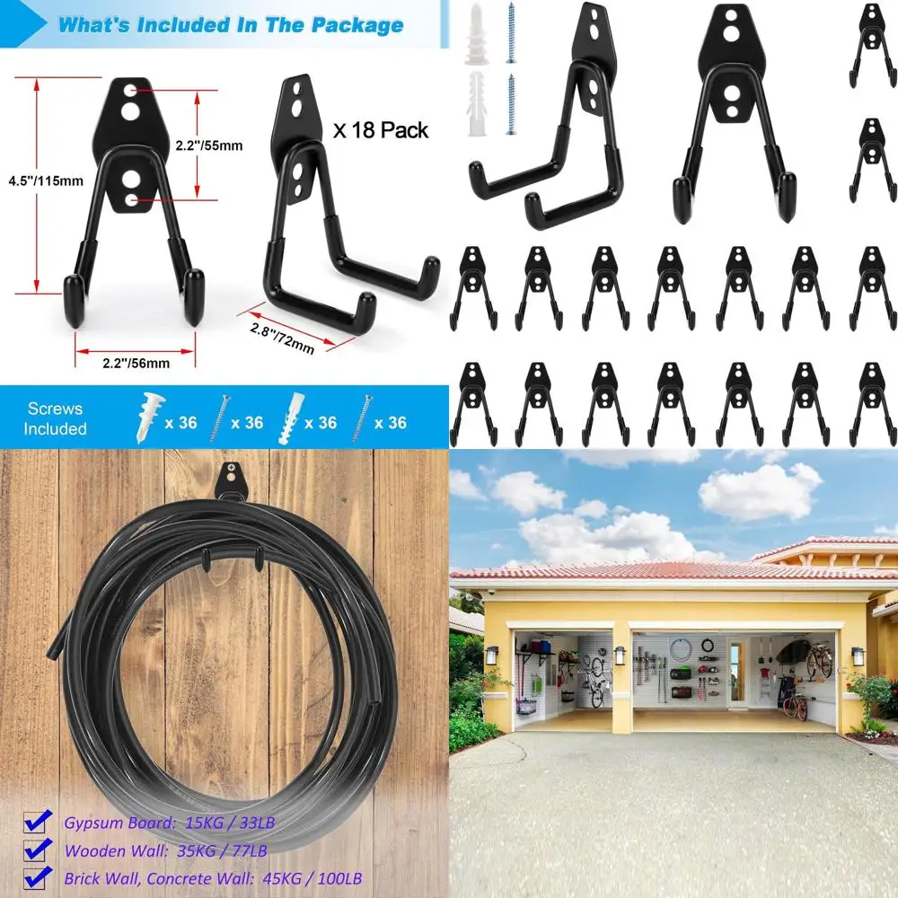 

Heavy-Duty 18-Pack Garage Hooks - Holds 100 lbs for Tools, Ladders, Hoses, Bikes, and More