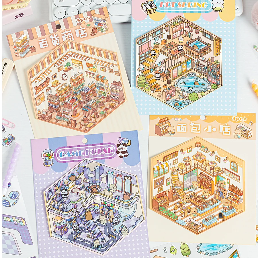 3D Cartoon DIY Capybara Cat Dog Miniature Scene Visual Stacking Stickers Landscaping Stickers Gift For Student