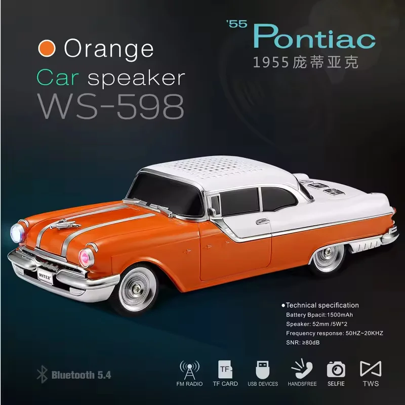 WS598 Pontiac Car Shaped Wireless Bluetooth Speaker TWS Stereo Portable Subwoofer with TF USB FM AUX LED Light Type C Charging