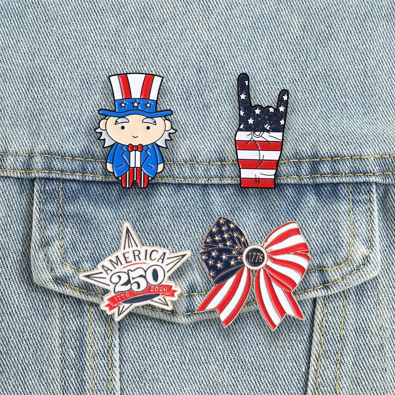 American Flag Enamel Pins Funny Uncle Sam Brooches Rock Hand Badges USA 250th 1776-2026 Star Jewelry Gift for Fans Friends