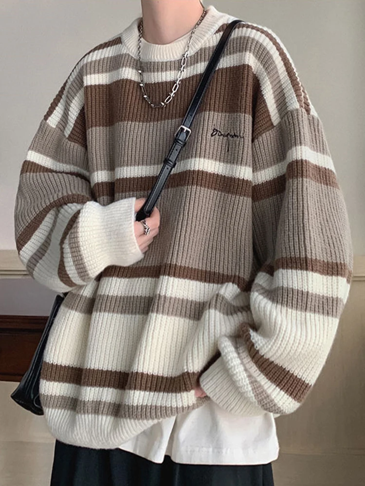 Striped Sweater Women Winter Embroidered Knitted Sweater Men Oversized Loose Contrast Color Pullover Retro Casual Jumpers Couple