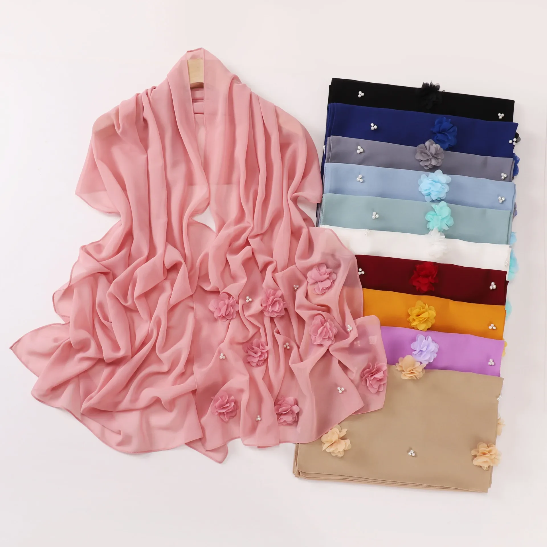 

New Pearl Chiffon Flower Bead Scarf Muslim Hijab Women Headscarf Shawl Wrap Turban Veil Bandanas Bufanda Foulard Turbante Mujer