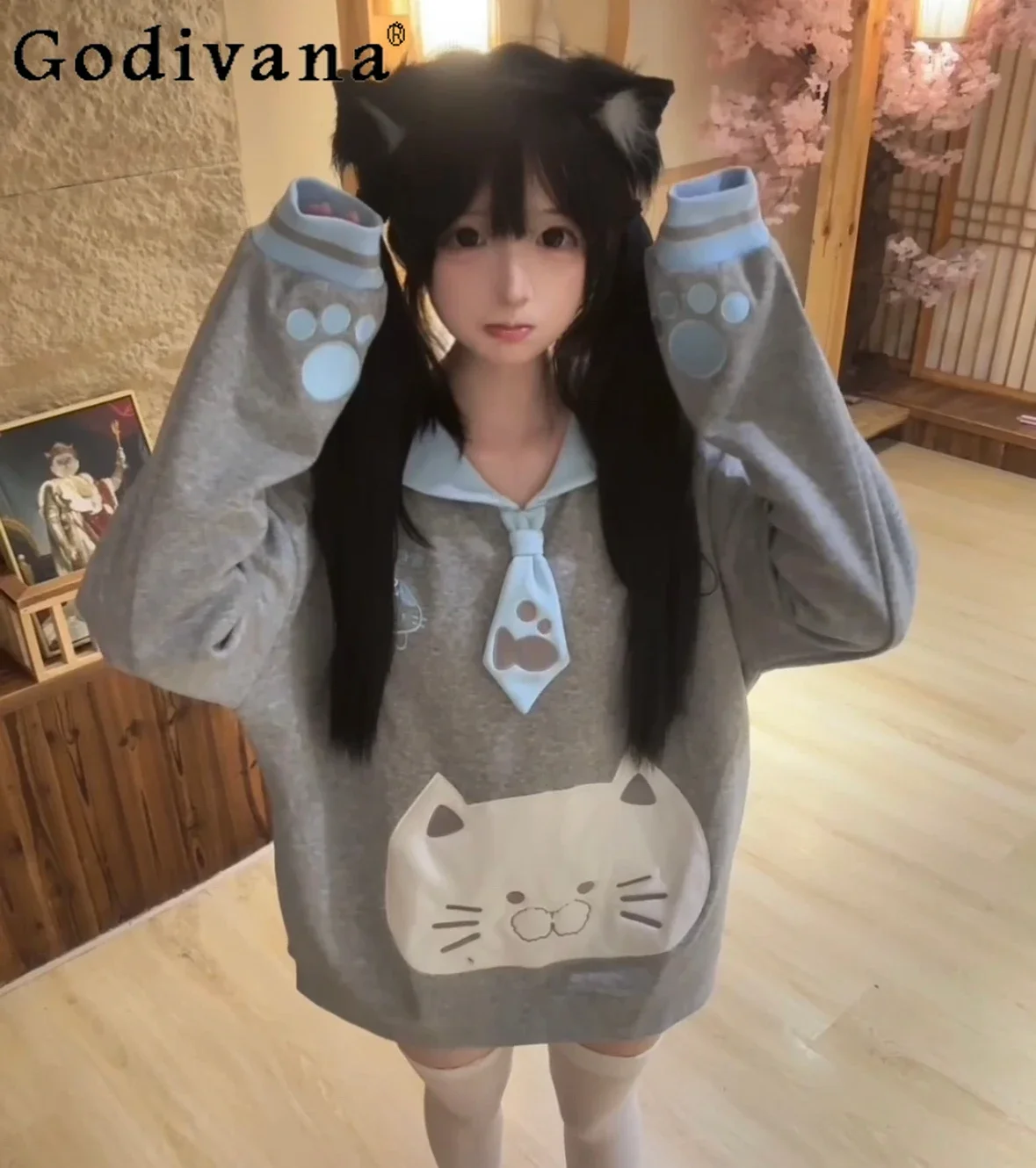 

Original Design Navy Collar Hoodies Women's Sweet Kawaii Cat Embroidered Cartoon Print Sweatshirts Student Loose Long Sleeve Top