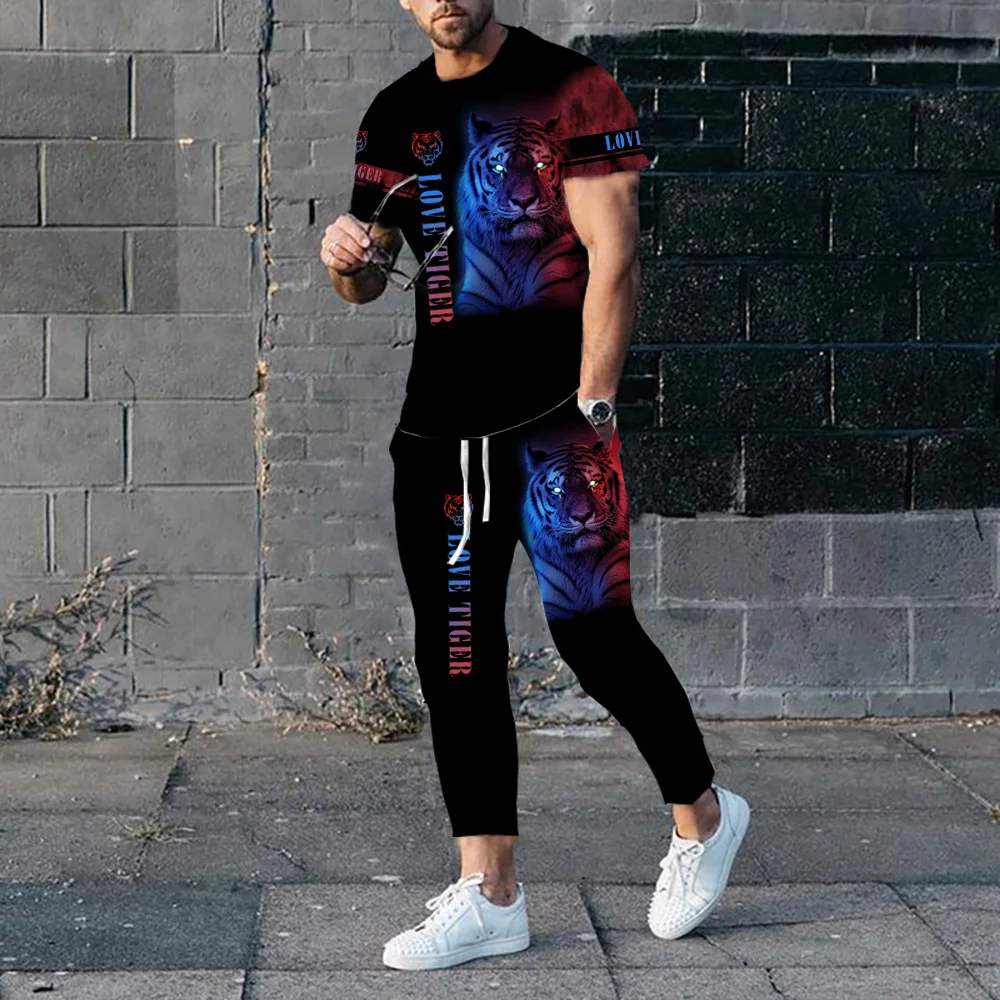 Summer Short Sleeve T-Shirt Men\'s Sets Male Jogging Sport Fashion Animal Tiger Lion 3D Print Oversize Tracksuit Two Piece Outfit