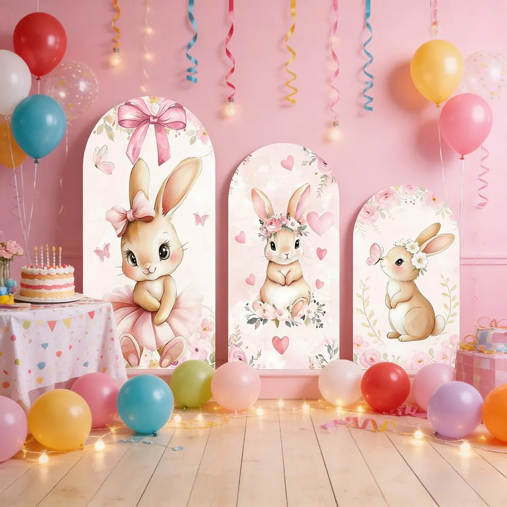 

Easter Bunny Rabbit One Birthday Arch Backdrop Cover Pink Dress Floral Sweetheart Girl Cake Party Decor Photo Wall Background
