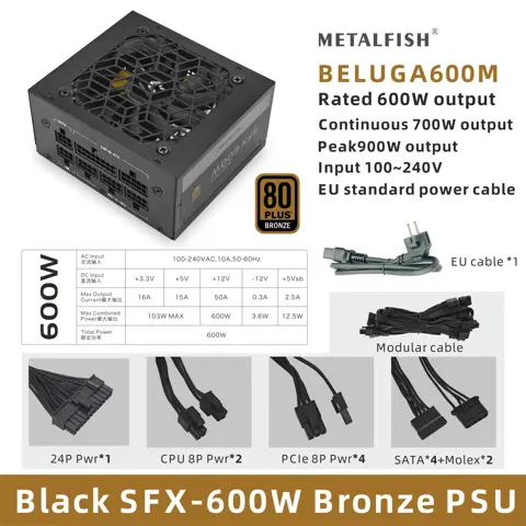 METALFISH SFX 80Plus bronce 500/600W PSU fuente de alimentación negra Modular completo para Mini chasis ITX caja de ordenador pequeña entrada de 100/240V