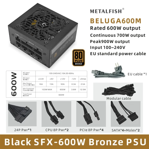 METALFISH SFX 80Plus bronce 500/600W PSU fuente de alimentación negra Modular completo para Mini chasis ITX caja de ordenador pequeña entrada de 100/240V