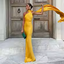 Wedding Guest Dresses Ribbon Halter Off Shoulder Maxi Dress - Yellow