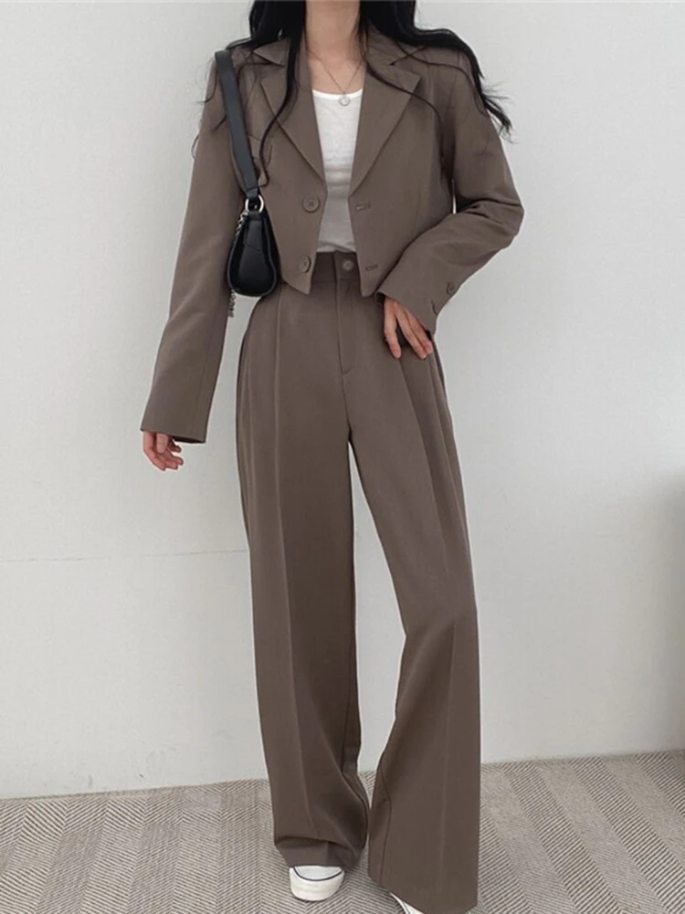 Korean OL Short Suits Sets Women Casual Loose Crop Blazers Jackets Conjunto New High Waist Wide Leg Pants Ensemble Offcie Outfit