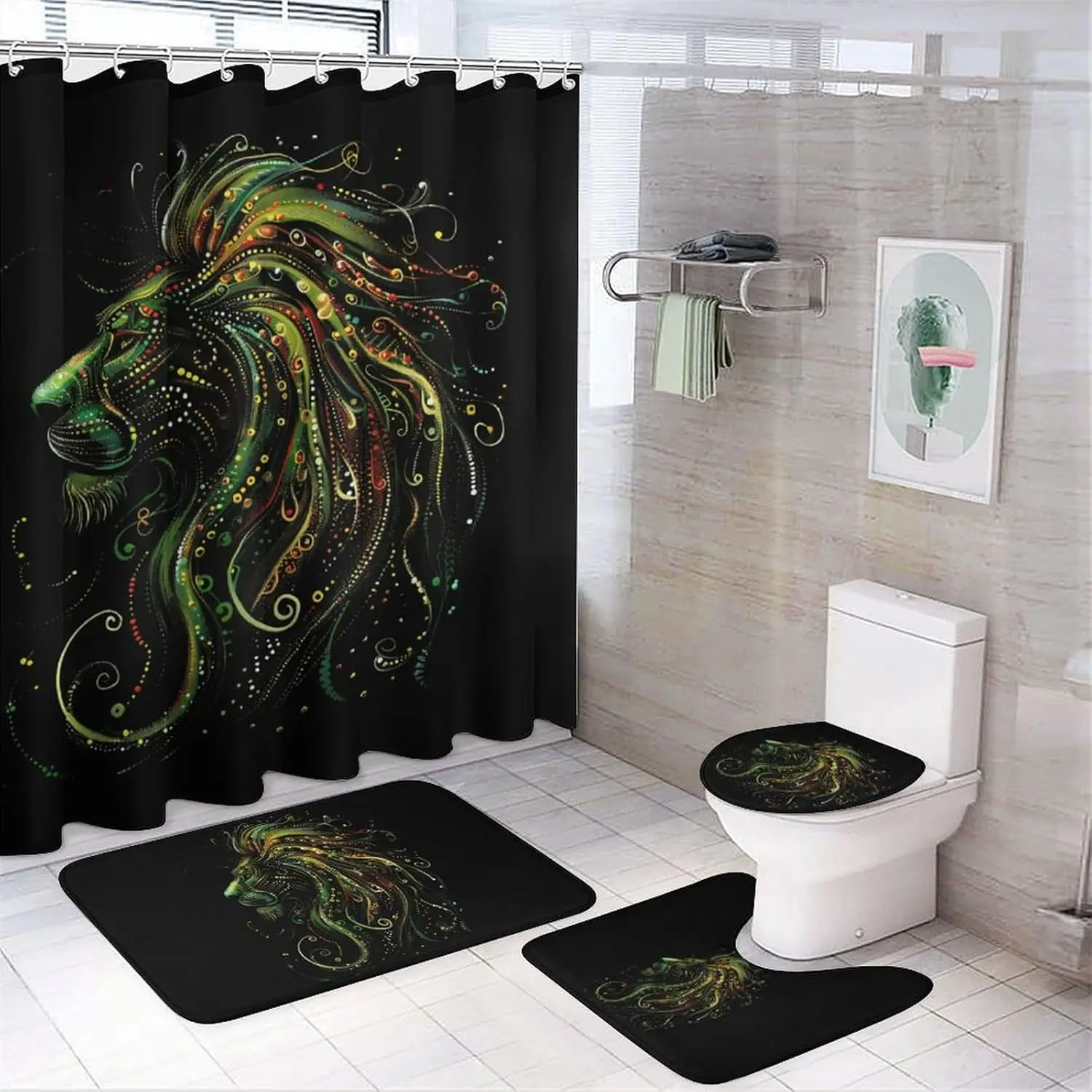

Jamaican Lion of Judah Reggae Bathroom Sets 4 Pcs Shower Curtain Sets with Rugs, Toilet Lid Cover and Bath Mat with 12 Hooks