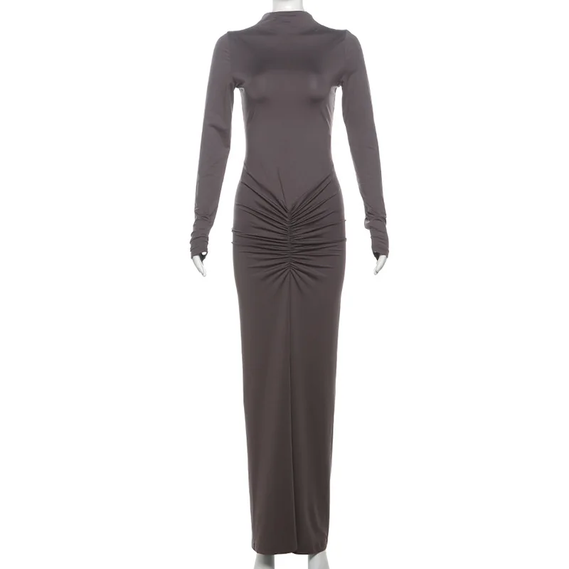 Women Casual Long Sleeve Slim Fit Party Dress Elegant Hight Waist Solid Maxi Dress Fashion Half Open Collar Pleated Long Dresses image 4