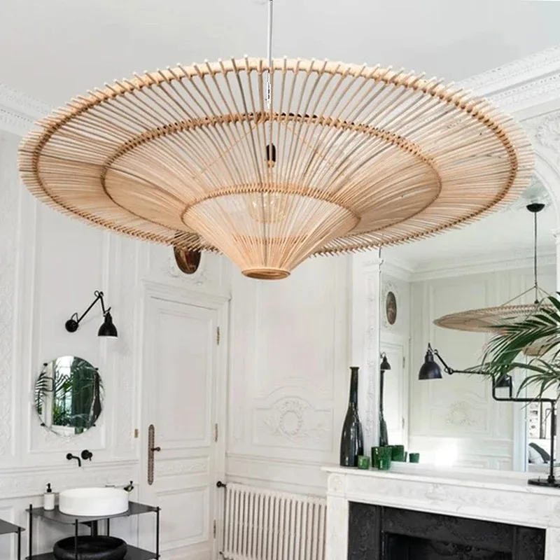 

Rattan Ceiling Chandelier Wabi Sabi Wicker Light Pendant for Living Room Restaurant Dining Room Decor Handmade Straw Hat Lamp