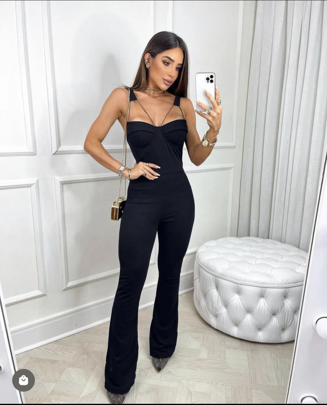 2023 New Arrival Sexy Hollow Out Spaghetti Strap Boot Cut Black Bandage Jumpsuit Fashion\'s Sexy Woman Evening Party Outfit