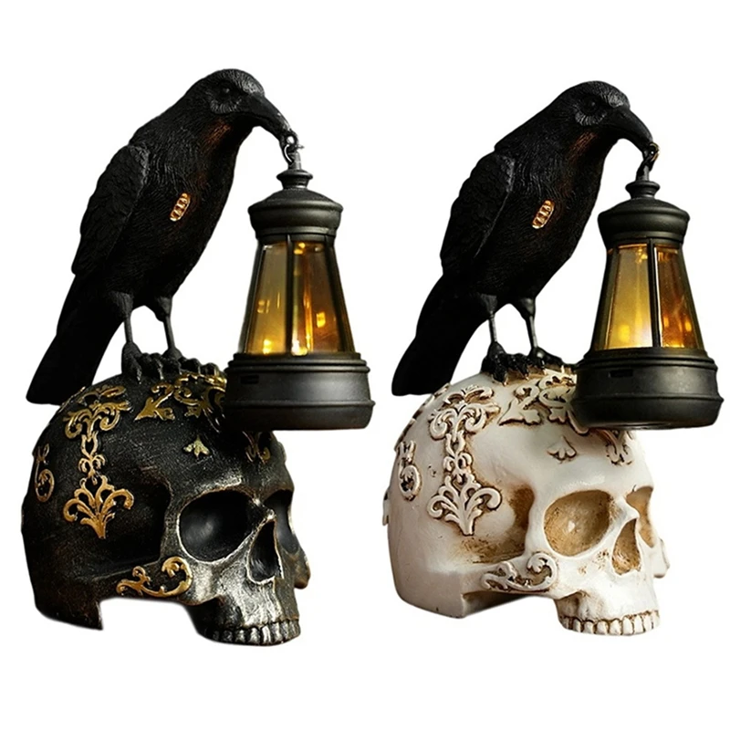 Halloween Gothic Darkness Crow Lamp Resin Crow Skull Sculpture Night Light for Halloween Decorations B-AD23