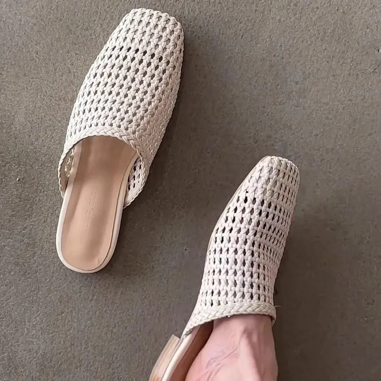 

Vintage Woven Closed-Toe Half-Slippers for Women Summer Fashion Breathable Hollow Square Toe Flat Mules Sandals Woman Slippers