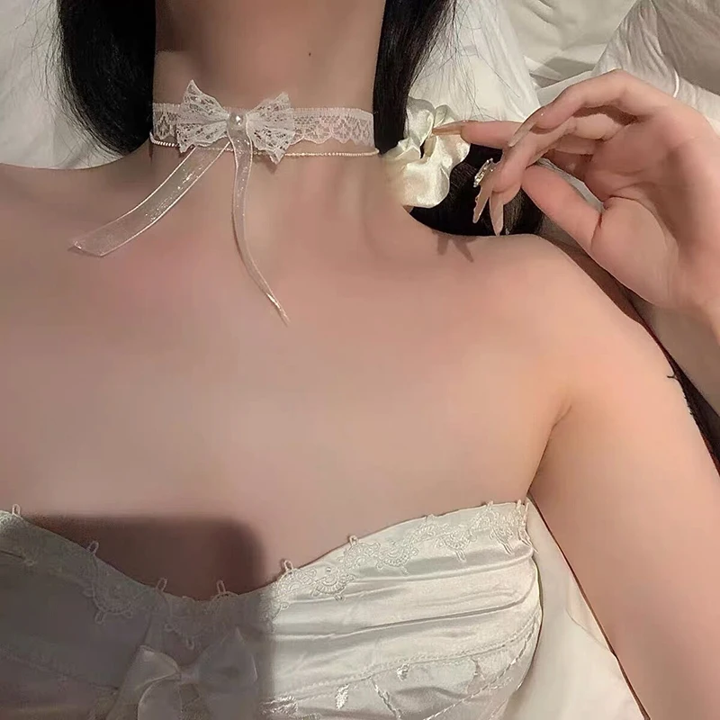 

1pcs Fashionable And Sexy Bow White Faux Lace Choker Neck Accessory Elegant Lace Bowknot Choker Necklace Choker Short Chain