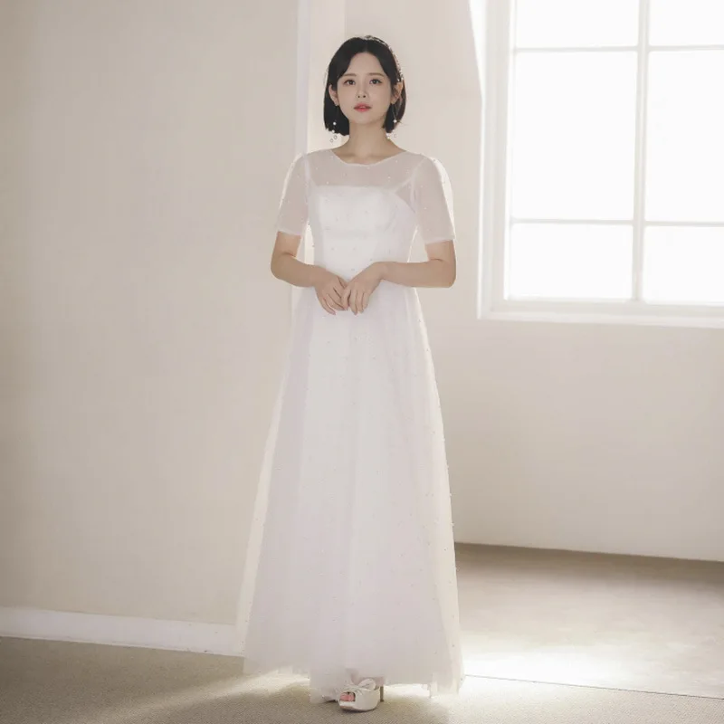 

2022 New Simple Short Sleeves Ivory Pearls Wedding Dress 웨딩드레스 Vestidos De Novia Ankle Length Robe De Mariée Gown Bridal