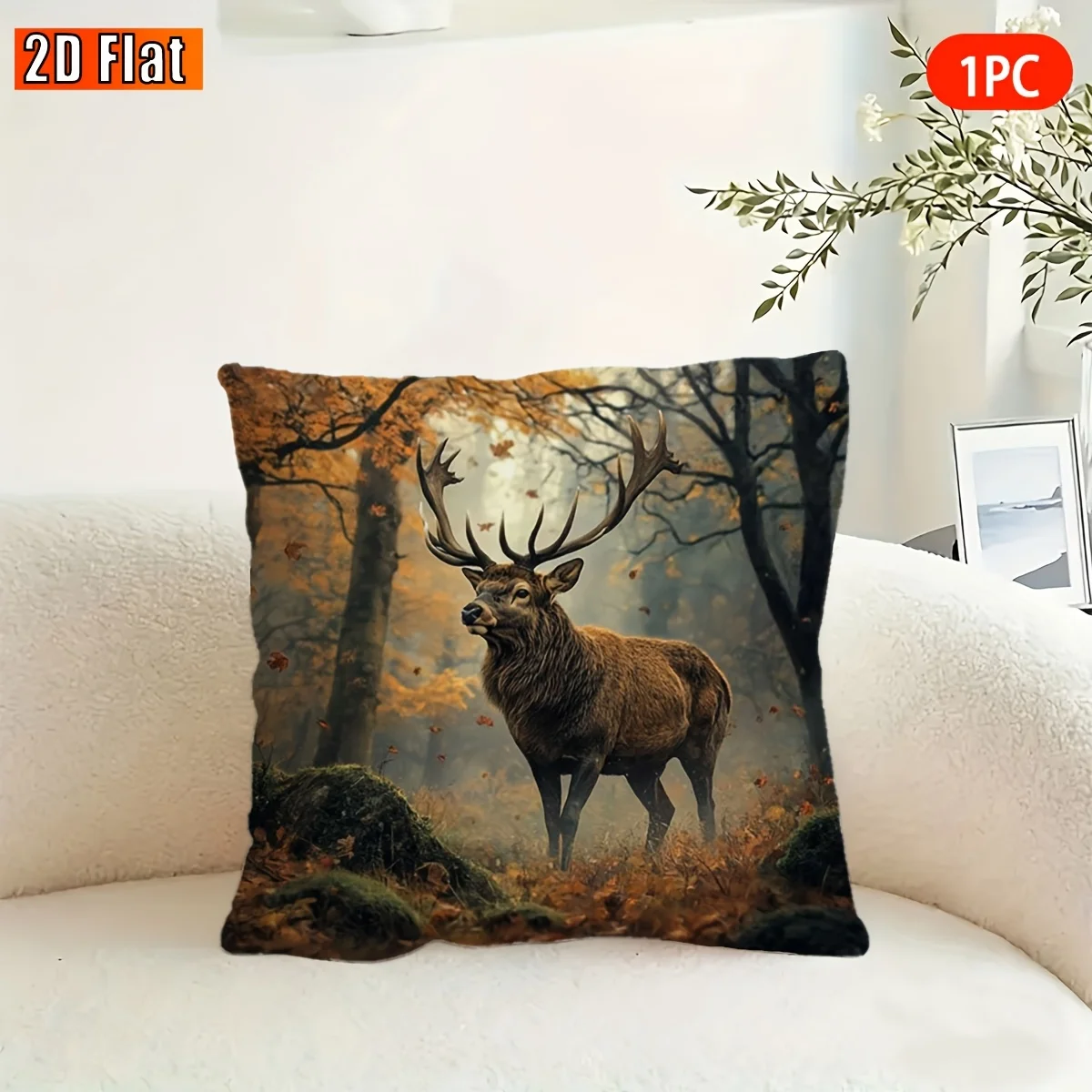 Autumn Forest Stag Print Polyester Pillowcase Single Side Print Zipper Cushion Cover Multiple Sizes Machine Washable No Insert
