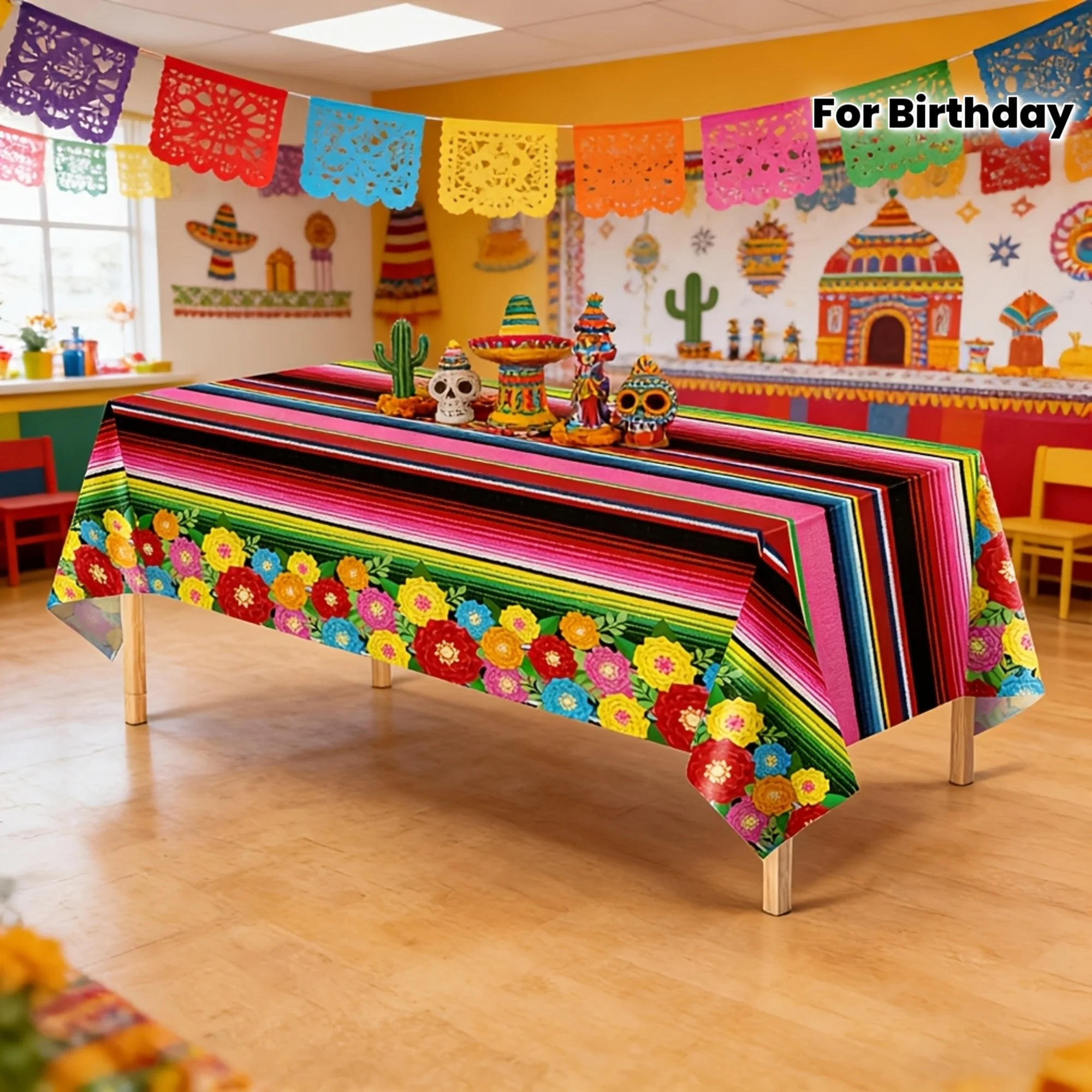 1pc Mexican Serape Style Tablecloth Multicolor Striped Floral Pattern Table Cover For Birthday Party Fiesta Decoration proo