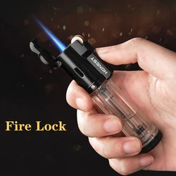 HONEST Butane Gas Cigar Lighter Transparent Visible FuelTank Fire LOCK Set Windproof Blue Jet Flame Grinding Wheel 2024