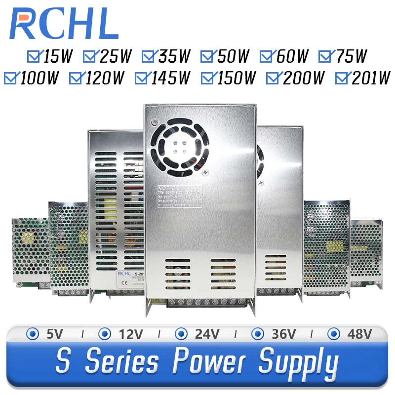 

RCHL S Series Switching Power Supply 15/25/35/50/60/75/100/120/145/150/200/201/250/300/350/400W 5V/12V/24V/36V/48V AC to DC SPMS