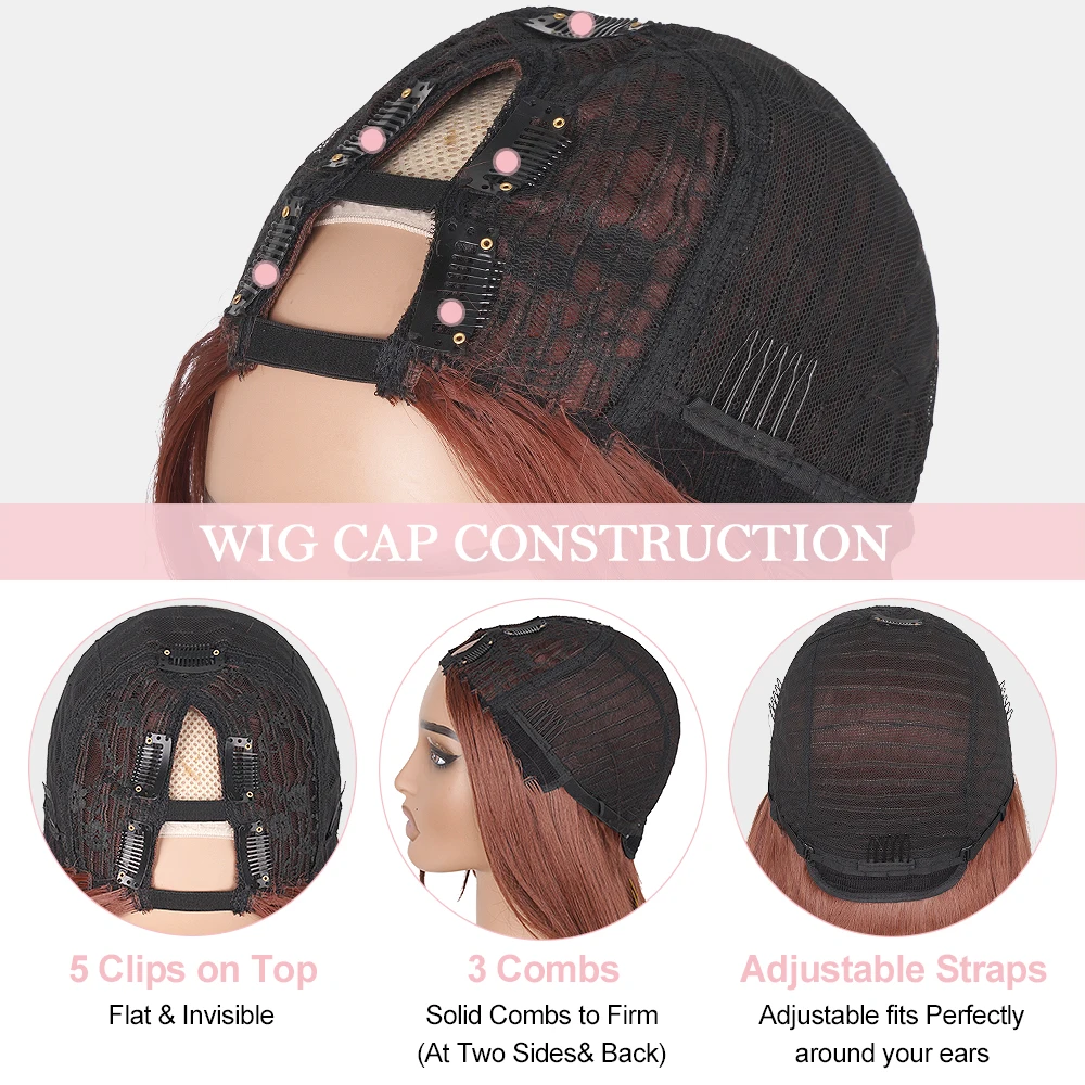 Parrucche con parte a V a strati rosso rame per donne nere Parrucche sintetiche resistenti al calore senza colla con taglio di capelli a farfalla diritta marrone rossastro