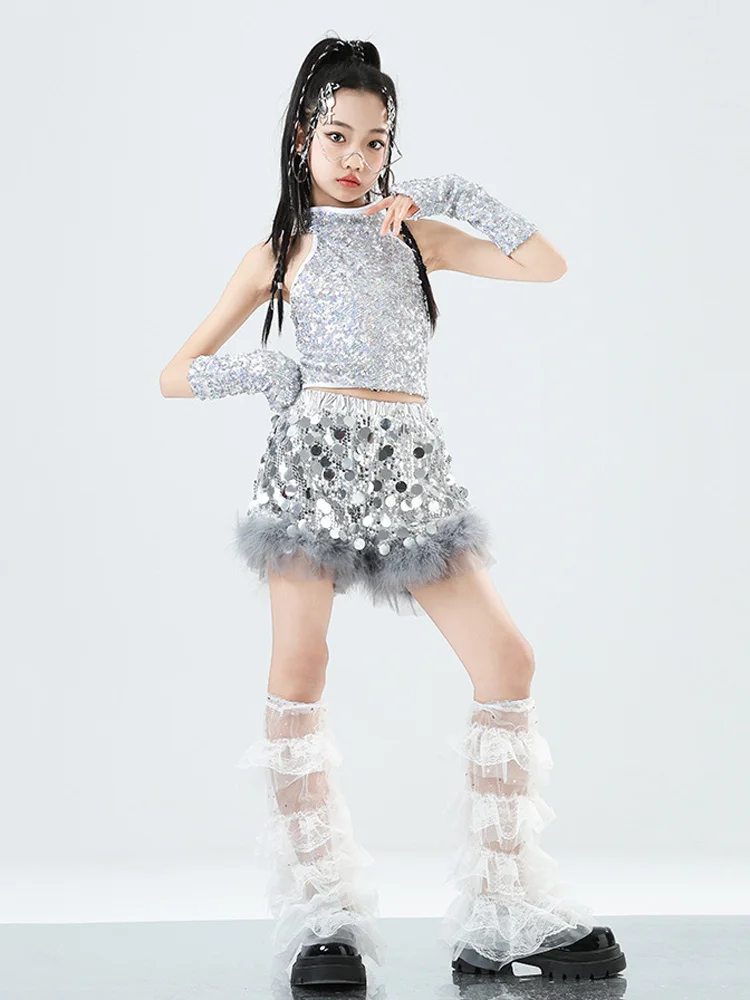 Girls Silver Sequin Hip Hop Costume Crop Top Sequin Top Short for Kids Jazz Clothes Street Dance Stage Sets