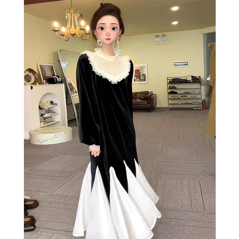 MiiiiX French Style Elegant Patchwork Long Dress Women 2024 Autumn Loose Lace Spliced Retro Contrast Velvet Dress Female Clothes