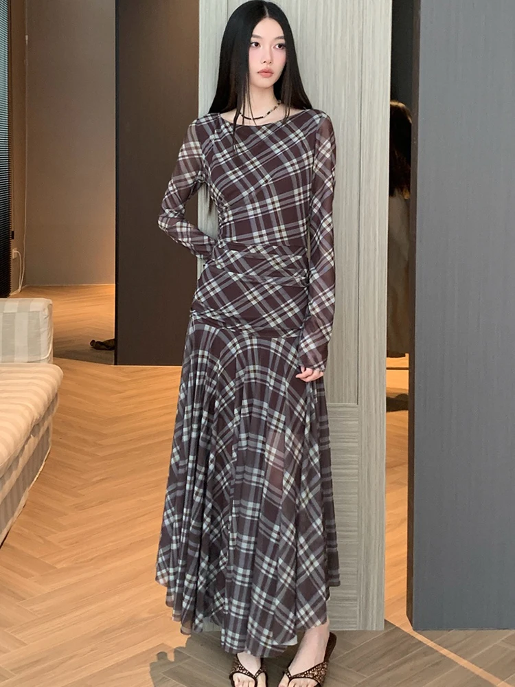 

2025 Fashion Plaid Chic Pleated Bodycon Ruffled Dress Women Long Sleeve Elegant Casual Dress Autumn Winter Korean Evening Dress
