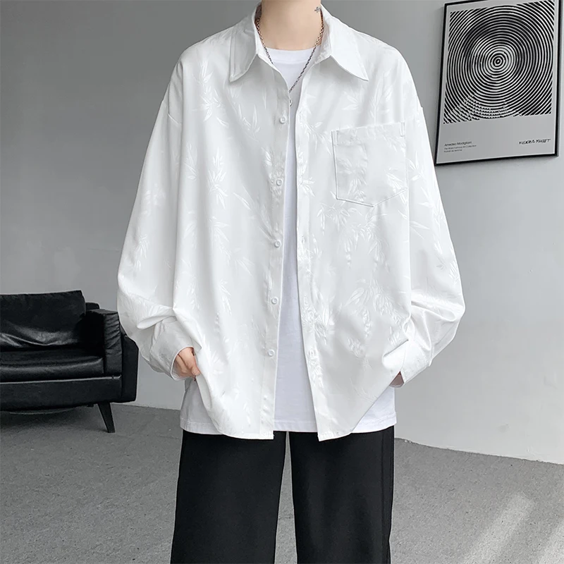 Casual Shirt for Men Ice Silk Bamboo Leaf Long Sleeve Shirt Harajuku Top Quality Loose Drape Black White Japanese Streetwear