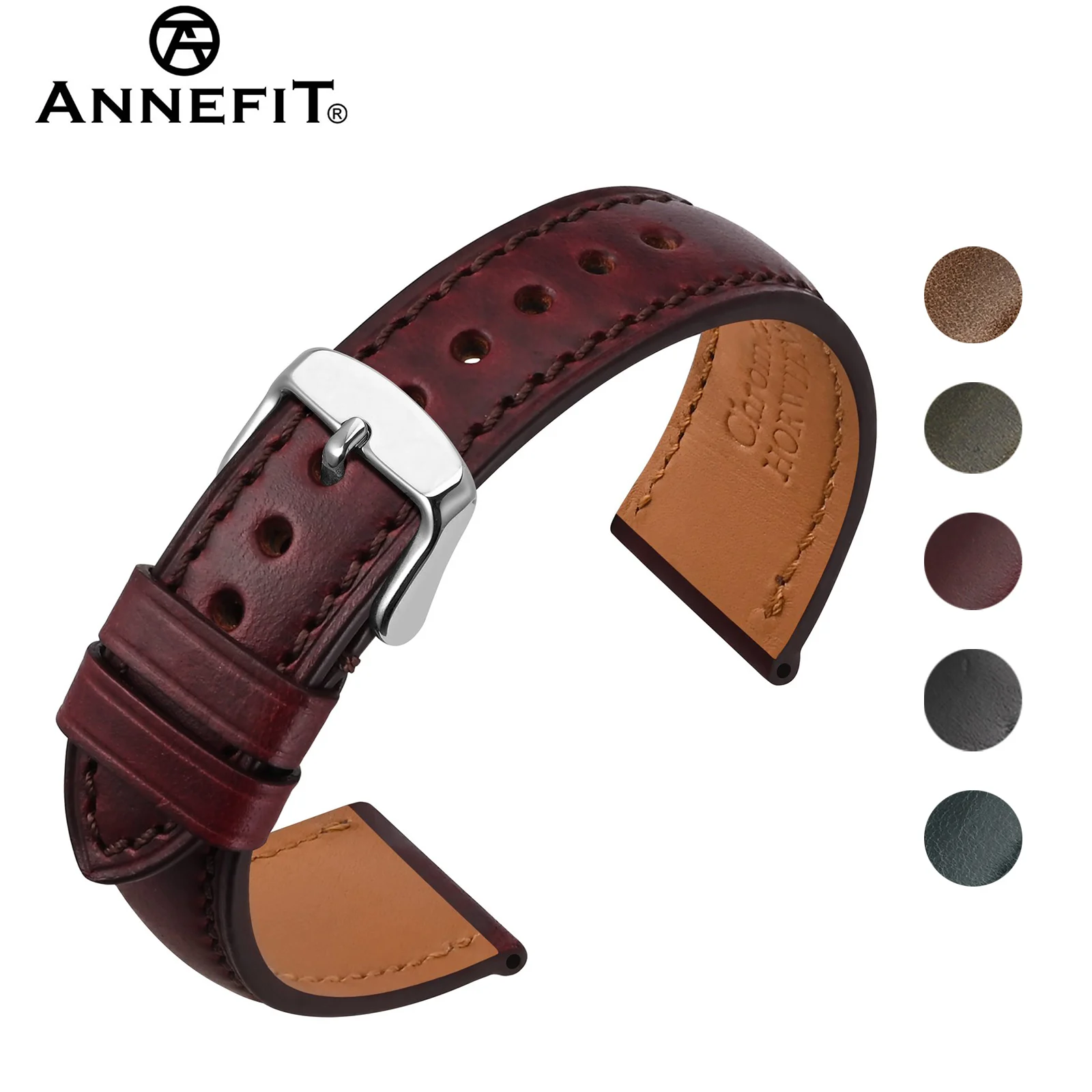 ANNEFIT Leather Watch Strap For Men Women Breathable And Comfortable Watch Band 18mm 20mm 22mm Silver Stainless Steel Buckle