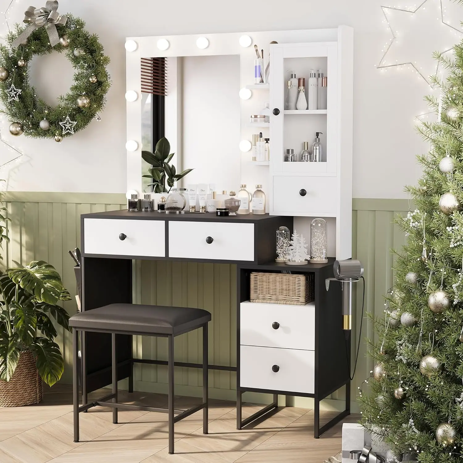 #Makeup Vanity Desk with Mirror & Lights,Large Drawers,Color Modes Bulb,Power Outlet,Round Holder,Bedroom