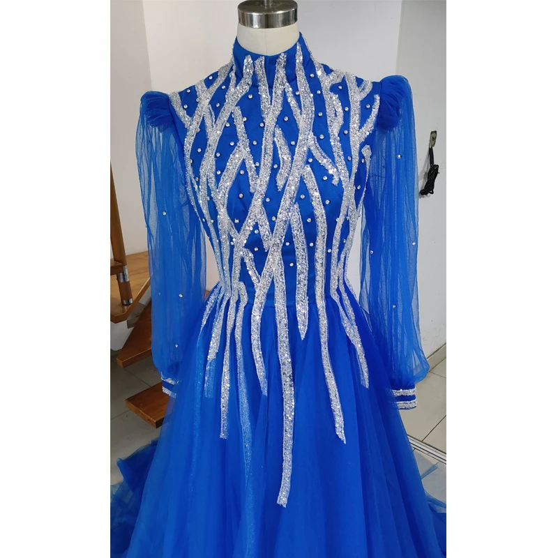 Abiti da sera musulmani Vintage per donna collo alto manica lunga con abito formale in rilievo Puffy Tulle arabo Dubai Prom Dress