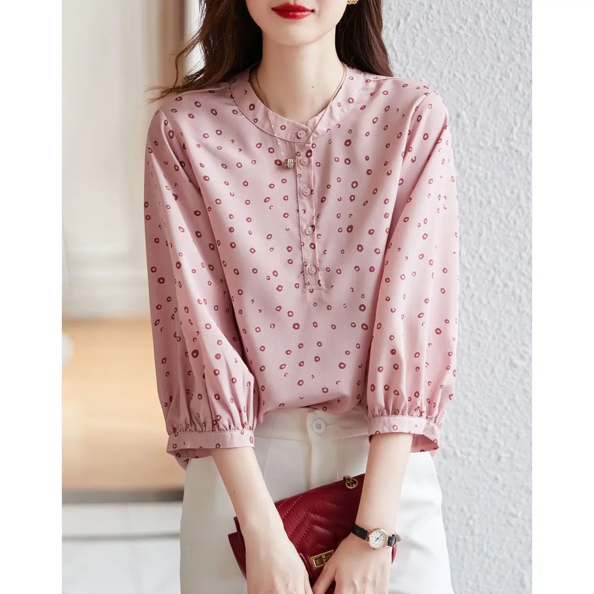 Chiffon Polka Dot Short Sleeved Shirt for Women's Summer New Style with Seven Quarter Sleeves Design Sense Niche Estern Style