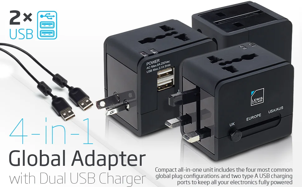 【Universal Global Travel Adapter】Worldwide Charger with Dual A Ports & Retractable Power Converter for iPhone US/EU/UK/AU Plugs