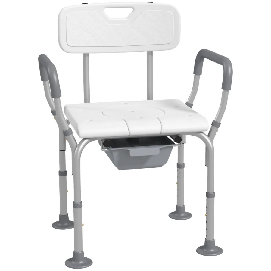

HOMCOM 3-in-1 Adjustable Shower Chair with Back and Arms Height Adjustable Bedside Commode Non-Slip White