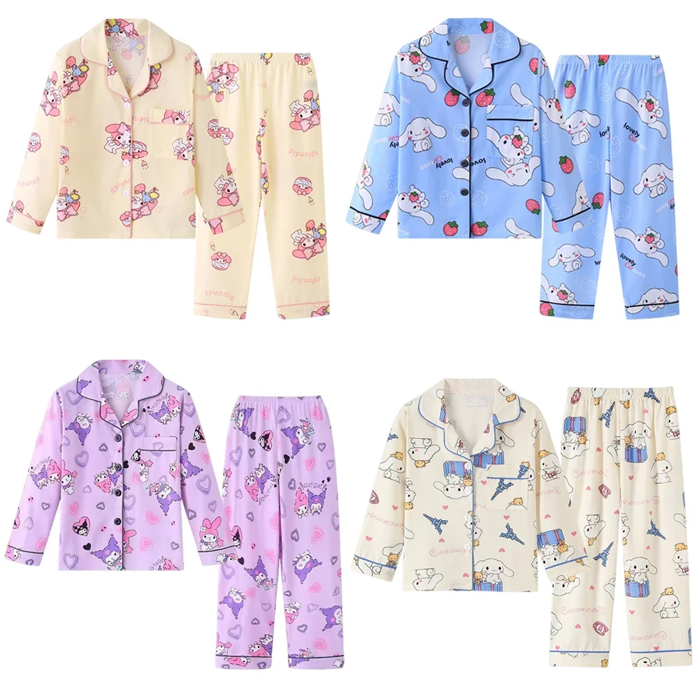 

Miniso Kawaii My Melody Kuromi Cinnamoroll Kids Long Sleeve Y2k Pajamas Cartoon Anime Thin Cardigan Cotton Casual Sleepwear Set