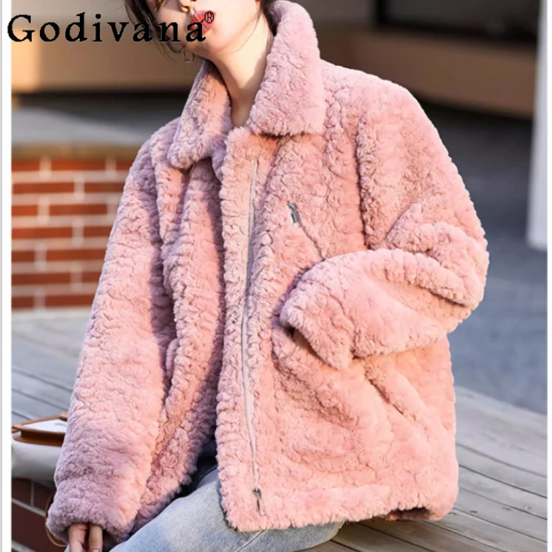 

Winter New Fleece Fashion Turn-down Collar Loose Fashion Warm Coat Temperament Girls Sweet Versatile Age-reducing Retro Coats