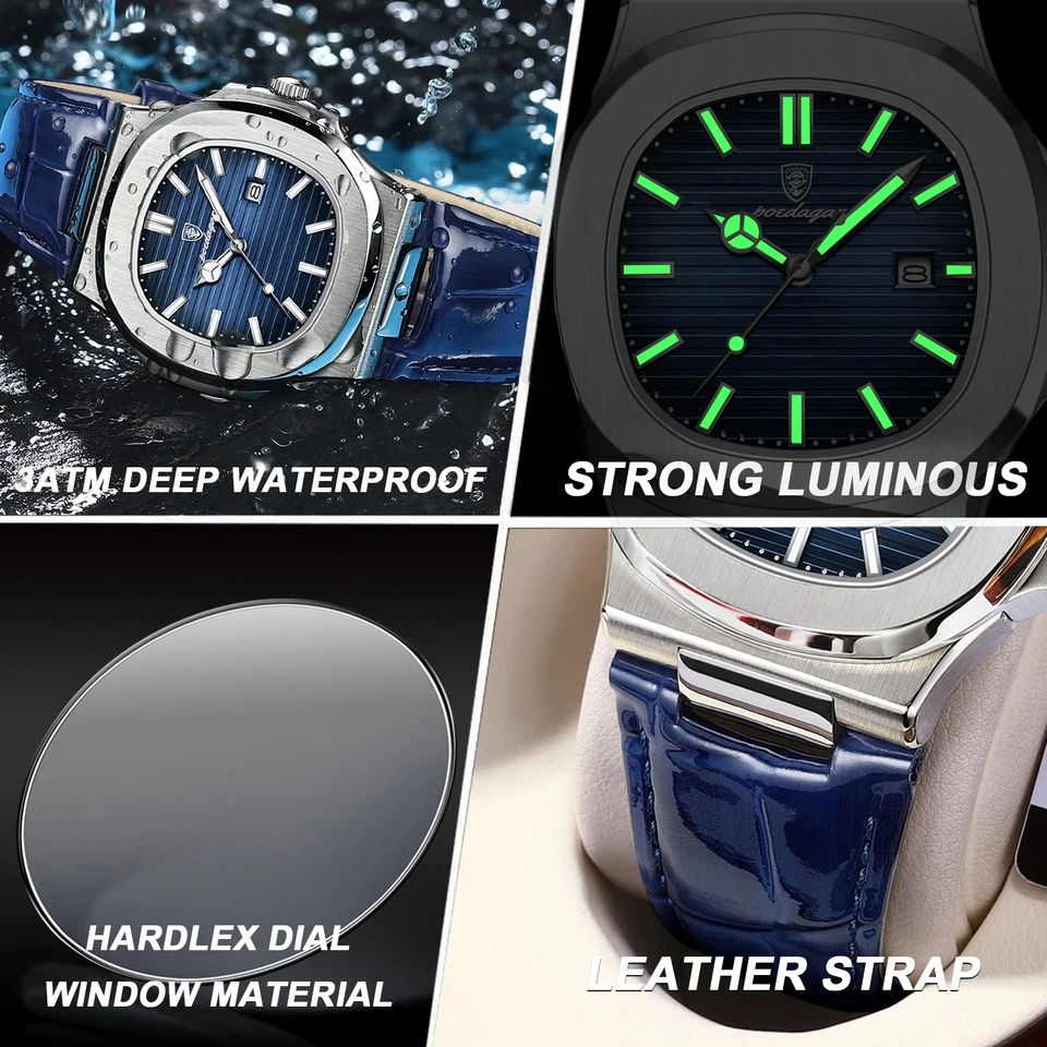 Reloj POEDAGAR cuadrado de lujo para hombre, fecha, resistente al agua, luminoso, cuero de alta calidad, con caja 5